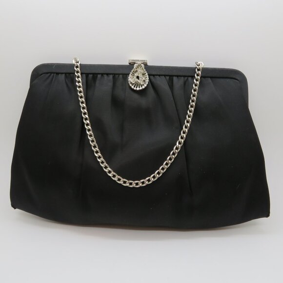 Vintage Handheld Clutch Chain Strap Black Satin Purse Bag Frame Evening Silver - Picture 1 of 12